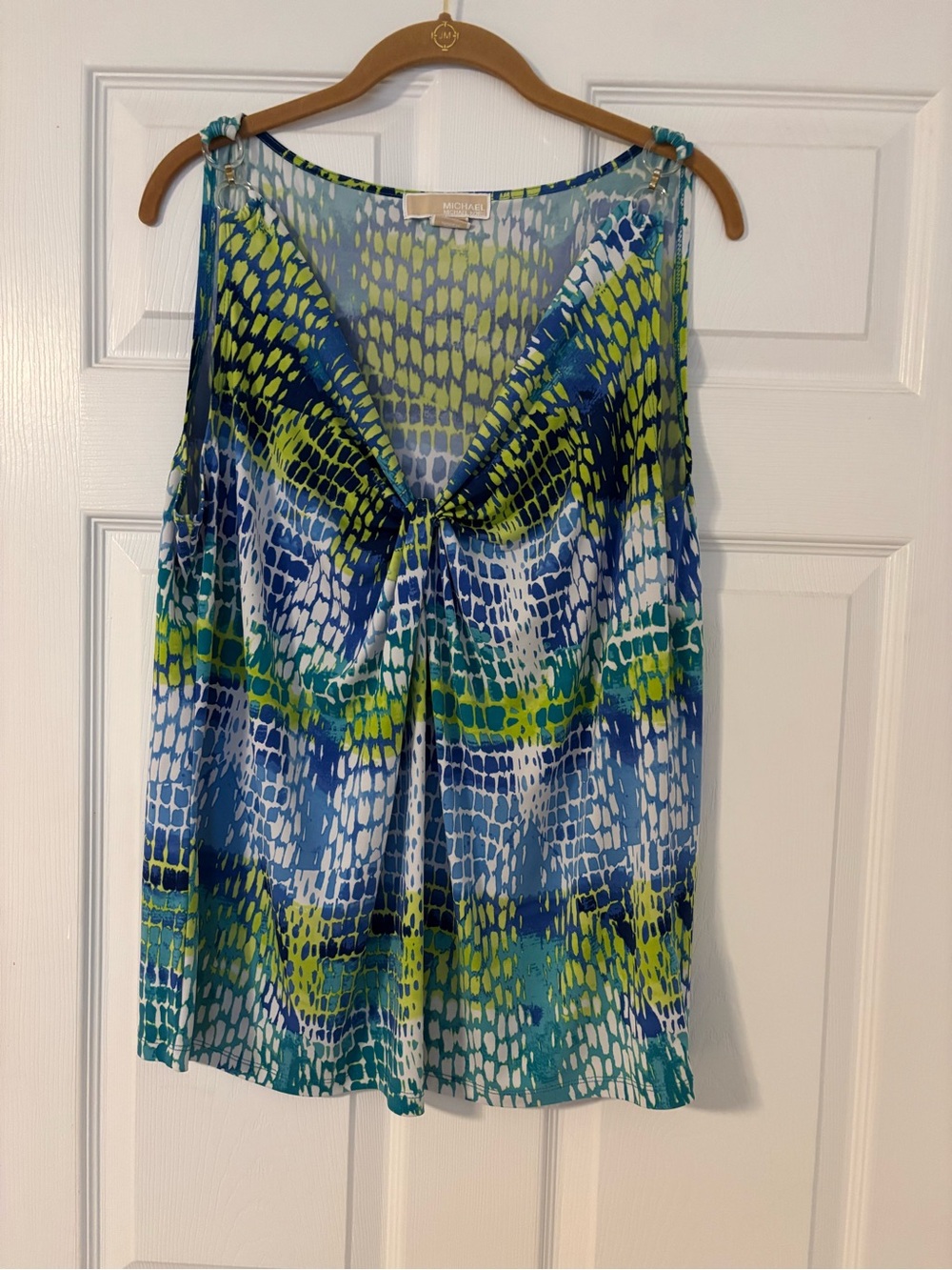 Michael Kors Sleeveless Top Twisted Front Neckline Geo Blue/Green Women’s XL